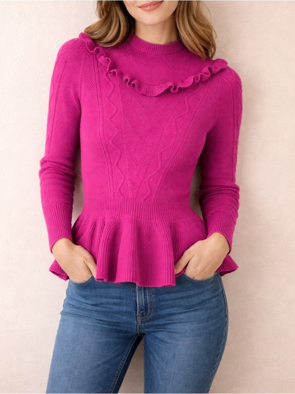 Ted Baker London Pink Knit Ruffle Peplum pullover Sweater